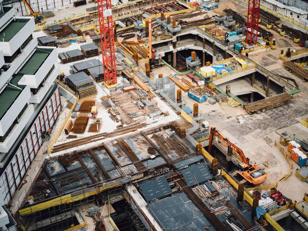 A high angle shot of a construction site for a commercial project.